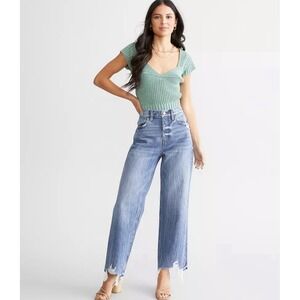 KanCan 90s Wide Leg Cropped Jeans Raw Hem Distressed Size 34